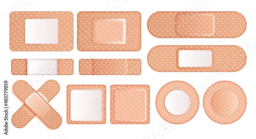Medical adhesive tape plaster, sticky patch different shape. Set of skin bandage for first emergency aid