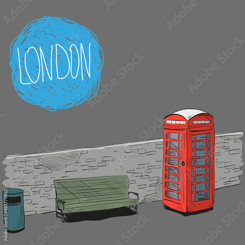 Hand drawing red English phone booth, vector illustration