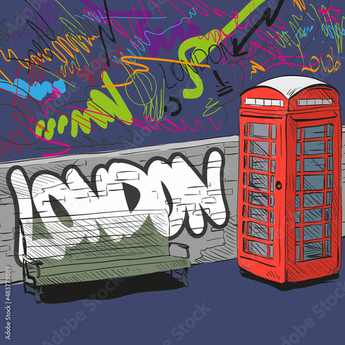 Hand drawing red English phone booth, vector illustration
