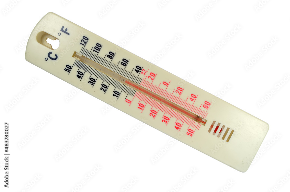 Meteorological thermometer Fahrenheit and Celsius for measuring air temperature. Thermometer isolated on white background. Ambient temperature plus 52 degrees Fahrenheit. Meteorological thermometer Fahrenheit and Celsius for measuring air temperature. Thermometer isolated on white background. Ambient temperature plus 52 degrees Fahrenheit.