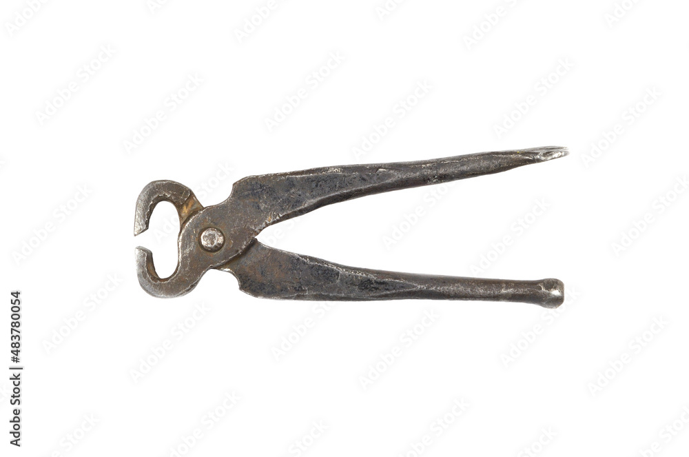 Craftsman tools isolated. Old open pinching pliers to used for removing nails from wood. Craftsman tools isolated. Old open pinching pliers to used for removing nails from wood.