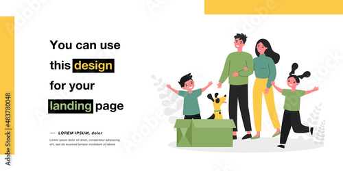 Happy family adopting cute dog sitting in cardboard box. Parents and kids smiling while looking at homeless puppy flat vector illustration. Family, pets, adoption concept for banner, website design