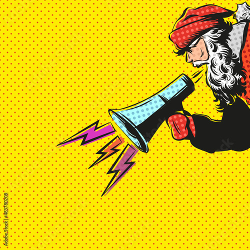Santa Claus hand drawn with loudspeaker,  comics book style vector illustration