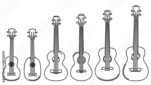 Set of flat design vector images of simple stringed musical instruments ukulele (soprano,"pineapple", concert, tenor, baritone, bass) drawn by lines.
