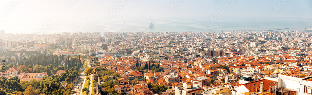 Panoramic view of the city of Thessaloniki and the sea from the observation deck in the upper town of Ano Poli. Real Estate and urban development in Greece