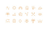 Boho linear icon set. Celestial and natural design elements, perfect for web, cover stories, printing, tattoes and posts. Golden icons. Isolated vector symbols on white background.