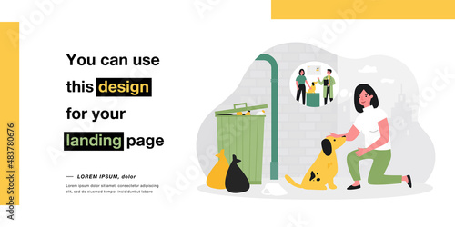 Woman petting stray dog and thinking of veterinarian. Girl and dirty puppy in alleyway flat vector illustration. Veterinary clinic, animal care concept for banner, website design or landing web page