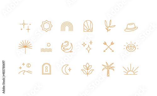 Boho linear icon set. Celestial and natural design elements, perfect for web, cover stories, printing, tattoes and posts. Golden icons. Isolated vector symbols on white background.