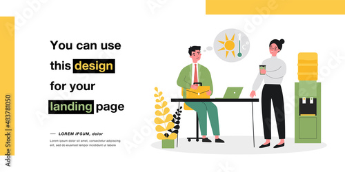 Sweating cartoon businessman working in office in hot weather. Female worker drinking water from cooler flat vector illustration. Summer, climate concept for banner, website design or landing web page