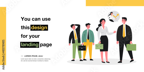 Woman talking to her boss in front of her envious colleagues. Flat vector illustration. Businesswoman succeeding in business, leaving partners behind. Success, feminism, talent, career concept