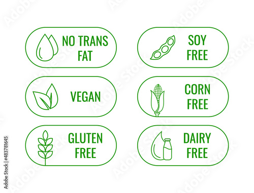 no trans fat, soy-free, vegan, corn-free, gluten-free, dairy-free icon set vector 