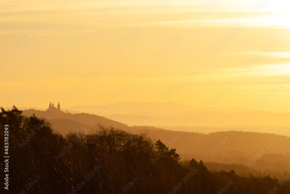 Golden sunset with the monastery on the hill, Cracow, Poland