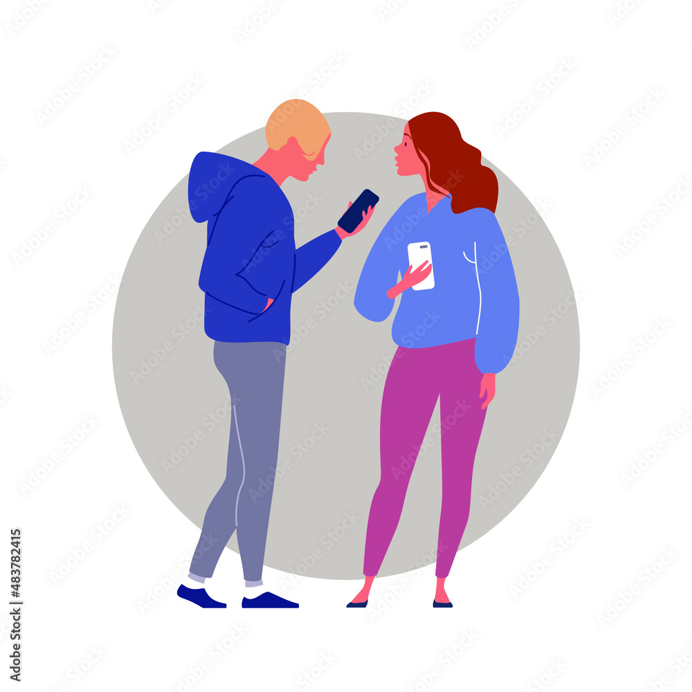 Guy in hoodie and girl in oversized sweater hold their smartphones in their hands and discuss news from the Internet. Vector flat illustration on a round isolated background