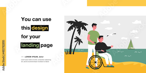 Young man bringing his disabled friend to seaside. Flat vector illustration. Disabled person admiring landscape, sitting in wheelchair driven by young man. Resort, travel, disability, help concept