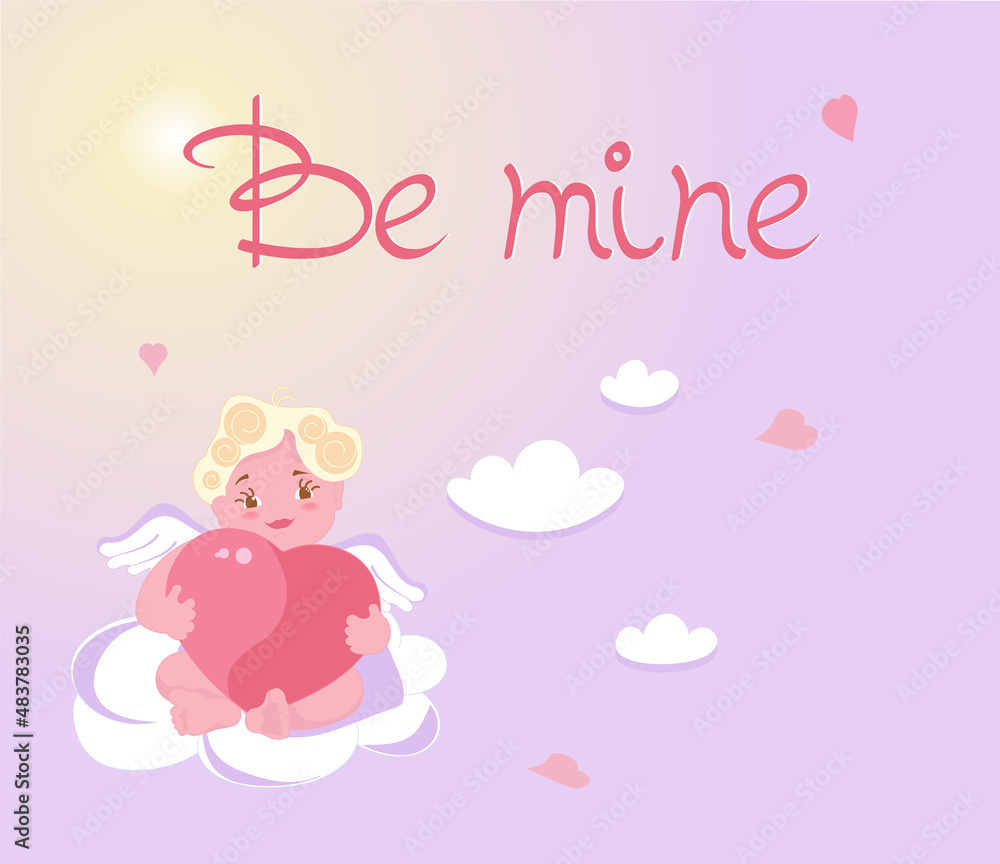 Cute baby Cupid isolated on sky background.