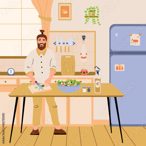 Man cooking in kitchen. Bearded male chef cutting vegetables for salad. Person preparing food. Man cooking at home. Cartoon vector illustration isolated on white