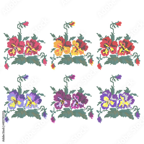 Cross stitch pansies, floral embroidery, traditional Ukrainian ornament, vector