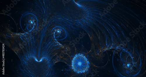 Abstract fantasy swirl of glowing blue fractal shapes. Digital fractal art. 3d rendering.