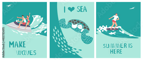 Set of Postcard I love sea in a marine style