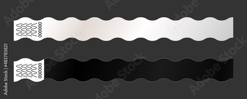 Paper bracelet vector mockups for concert, vip zone or festival. Template or mock up suitable for branding. Black and white curved blank sticky wristlet tickets. Id isolated on dark background