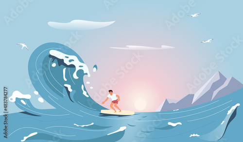 Surfer rides the Barreled Rushing Wave isolated on seascape background