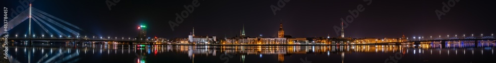 Panoramic view of the city at night, Riga, Latvia