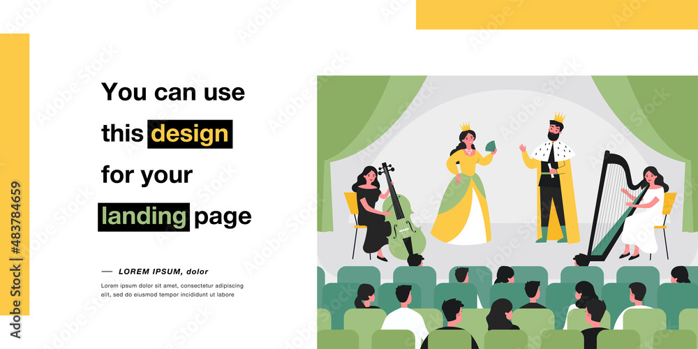 Theatrical performance, view from auditorium. Flat vector illustration. Spectators sitting in armchairs, watching musical with actors in costumes and musicians on stage. Theater, entertainment concept Theatrical performance, view from auditorium. Flat vector illustration. Spectators sitting in armchairs, watching musical with actors in costumes and musicians on stage. Theater, entertainment concept