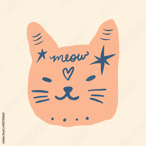 Meow cat face groovy cute comic character boho doodle modern art print funny handdrawn childish cartoon funky trendy style vector illustration clipart
