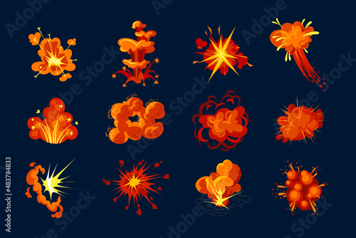 Orange dynamite explosive clouds cartoon illustration set. Boom, crash, bang from explosive elements for comic book flat vector illustration isolated on white background. Fire, smoke concept