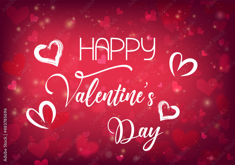 card or banner for a happy Valentine's Day in white on a red gradient background with white hearts and red hearts in bokeh effect