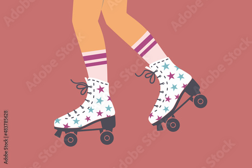 Roller skates. Vintage quad roller skating. Retro rollers. Park skates. Legs in knee high socks. Sport lifestyle active leisure. Outdoor and indoor activity. Colorful Isolated flat vector illustration
