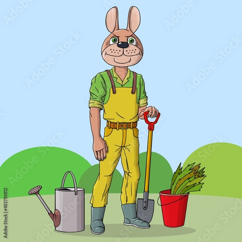 The rabbit is working in the garden. Grows carrots and various vegetables. Vector illustration.