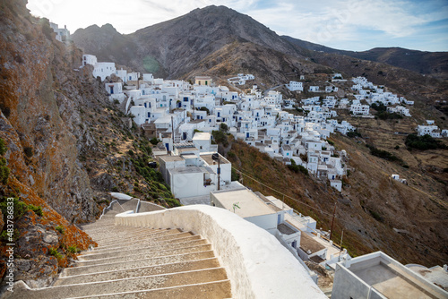 Serifos island Chora town white building on rocky land and stone stair. Cyclades Greece.