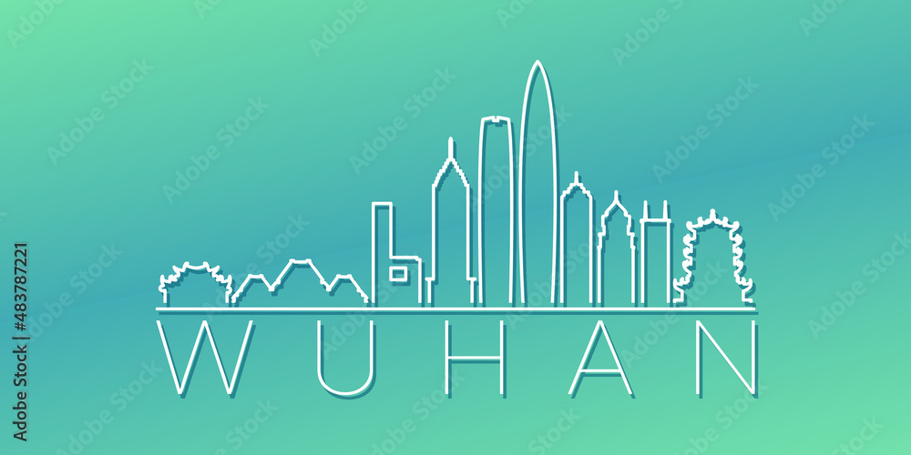 Wuhan, Hubei, China Skyline Linear Design. Flat City Illustration Minimal Clip Art. Background Gradient Travel Vector Icon.