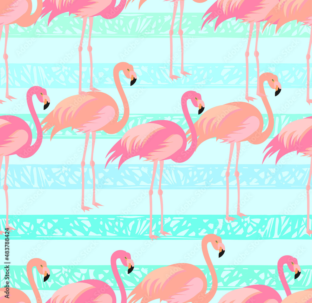 Obraz premium Tropical exotic seamless pattern with pink flamingos. Vector.