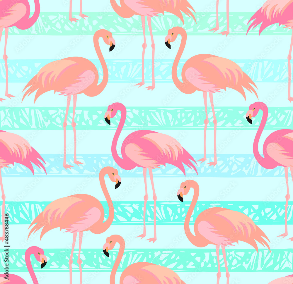 Fototapeta premium Tropical exotic seamless pattern with pink flamingos. Vector.