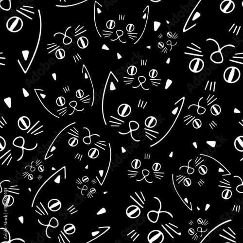 Seamless black and white vector pattern design of lined ornamental cartoon abstract cats snouts