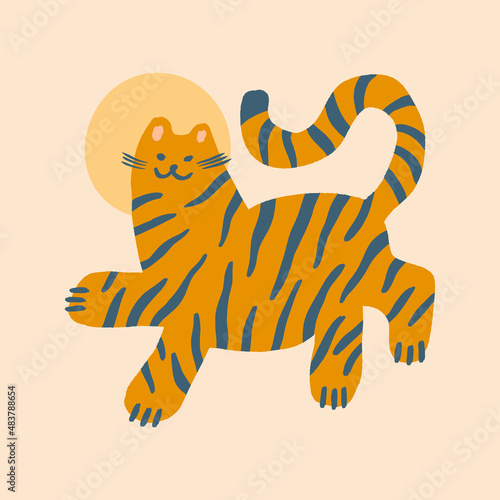 Asian tiger wild animal childish cartoon groovy boho illustration naive funky handdrawn style art vector