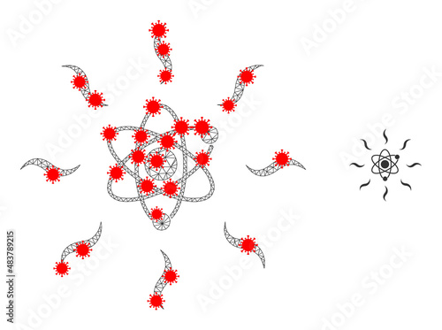 Net quantum radiation with lockdown style. Mesh wireframe quantum radiation image in low poly style with connected lines and red virus elements.