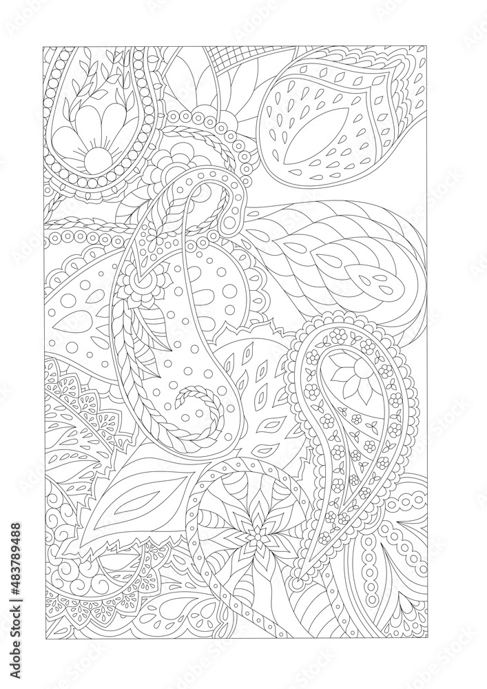 Hand-drawn coloring page of paisleys