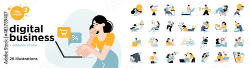 Digital business concept illustrations. Set of flat design vector illustrations of men and women in various activities of online business, e-commerce, communication, marketing. 