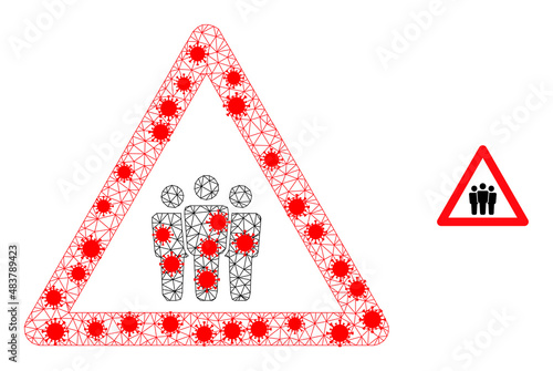 Network people warning with infection style. Polygonal carcass people warning image in lowpoly style with organized lines and red infectious nodes.