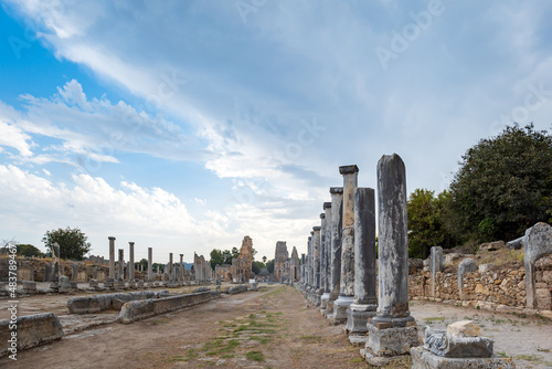 Perge ancient city archaeological site in Antalya, Turkey. Perge was a Greek and Roman ancient city and once the most propserous city of the ancient world.