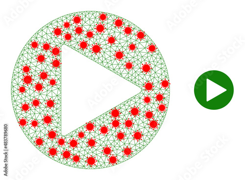 Mesh play button in outbreak style. Mesh wireframe play button image in low poly style with structured lines and red infection items. Vector model is created from play button with infection items.