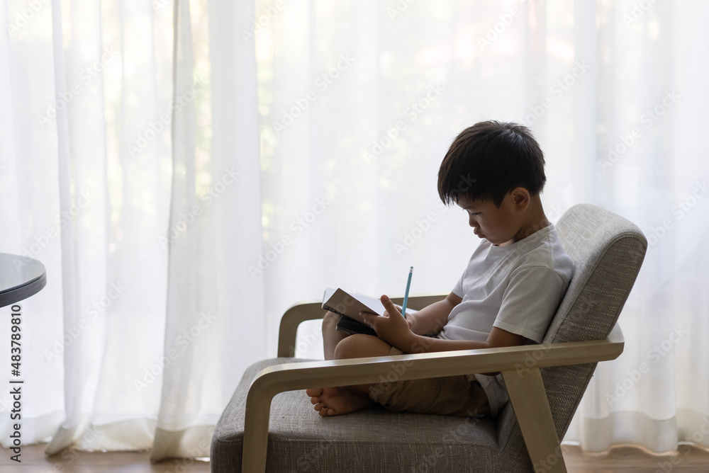Asian boy study and draw online with digital tablet and headphone. Concept of online studying & home school Asian boy study and draw online with digital tablet and headphone. Concept of online studying & home school