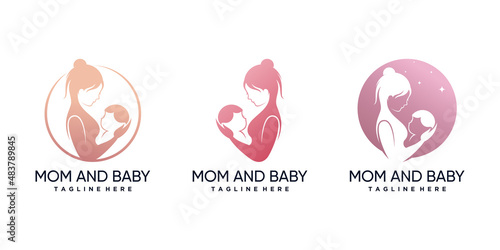 Set bundle of mom and baby logo design template with creative element Premium Vector
