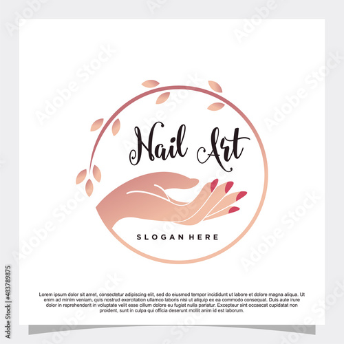 Nail art logo design with leaf and modern style concept Premium Vector