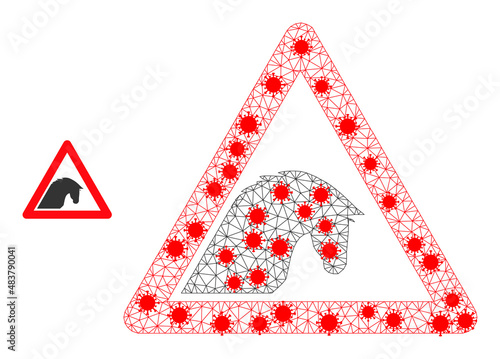 Network horse warning in lockdown style. Mesh wireframe horse warning image in lowpoly style with structured linear items and red infectious items.