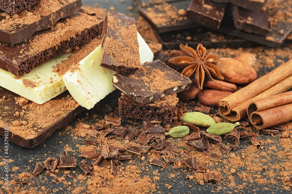 Fototapeta premium Broken chocolate pieces, spices, cocoa powder and cocoa beans on a black background