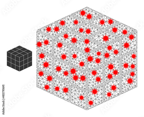 Polygonal 3x3x3 cube in lockdown style. Polygonal wireframe 3x3x3 cube image in low poly style with connected linear items and red covid items.